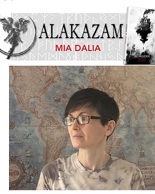 photograph showing Mia Dalia standing in front of a world map, under a banner showing the Absinthe Fairy and Mia's novella, Alakazam. Text reads ALAKAZAM, MIA DALIA