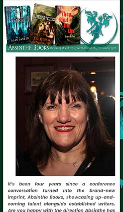 screenshot of the PS Publishing newsletter showing the Absinthe Book banner and a photograph of a smiling Marie O'Regan