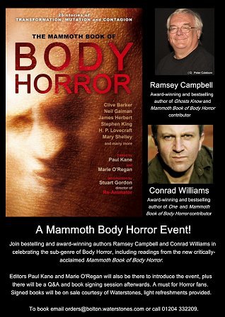 Mammoth Book of Body Horror event, Bolton Library, with Conrad Williams, Ramsey Campbell and Paul Kane