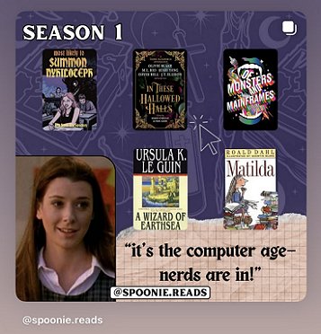 screenshot from @spoonie.reads. Text in top lefthand corner reads Season 1. In the centre of the top row of books is a copy of These Dreaming Spires, edited by Marie O'Regan and Paul Kane