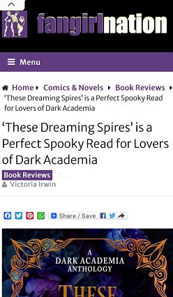 screenshot from fangirlnation - text reads 'These Dreaming Spires' is a perfect spooky read for lovers of dark academia