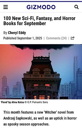 screenshot from gizmodo.com - pciture shows a gothic building with a dark cloud above it. Headline reads 100 New Sci-Fi, Fantasy, and Horror Books for September