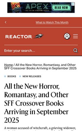 screenshot from reactor - headline reads All the New Horror, Romantasy, and Other SFF Crossover Books arriving in September 2025 