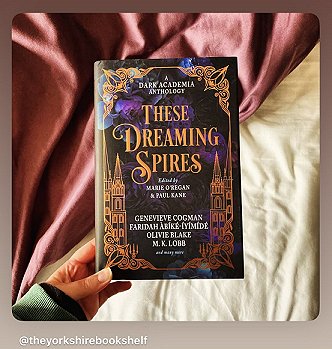 photograph of a woman's hand holding a copy of These Dreaming Spires, edited by Marie O'Regan and Paul Kane, over a cream sheet and rust-red cloth