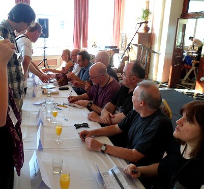 L to R: Sarah Pinborough, Tim Lebbon, Mark Morris, Simon Clark, Nicholas Vince, Peter Atkins, Stephen Jones, Marie O'Regan