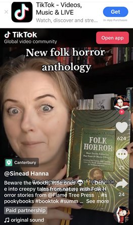 screenshot from @sinead Hanna. Image shows a woman holding up a copy of Beyond & Within: Folk Horror Short Stories, edited by Paul Kane and Marie O'Regan. Text reads: Beware the woods, little ones. Dive into creepy tales from nature with Folk Horror stories from @Flame Tree Press.