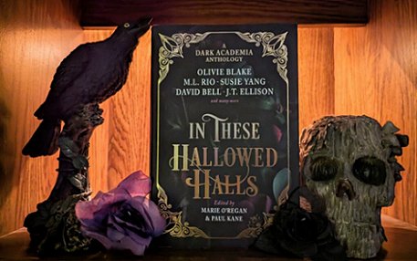 photograph showing a copy of In These Hallowed Halls, edited by Marie O'Regan and Paul Kane, standing between a statue of a crow standing on a branch, and a purple flower, to the left, and a wooden skull to the right, against a wooden background and backlit