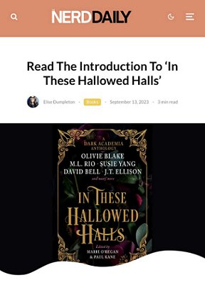 screenshot from NerdDaily - shows the cover of In These Hallowed Halls, edited by Marie O'Regan and Paul Kane. Text reads Read the Introduction to In These Hallowed Halls