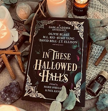 image showing a copy of In These Hallowed Halls, edited by Marie O'Regan and Paul Kane, lying on a pale green knitted cloth. ALongside are cinnamon sticks, a purple amethyst geode, candles and a small brown glass bottle with a metal lid. Leaves decorate the edges of the image