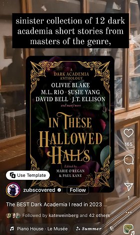 image of a copy of In These Hallowed Halls, edited by Marie O'Regan and Paul Kane, superimposed on a photograph of bookshelves. Text reads Sinister collection of 13 dark academia short stories from masters of the genre