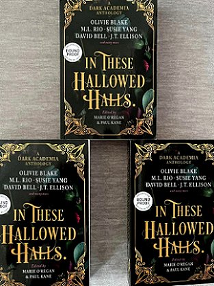 Three copies of In These Hallowed Halls, edited by Marie O'Regan and Paul Kane, on a grey fabric surface