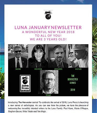 Luna Press announcement for 'Harvester' series - featuring Paul Kane, Marie O'Regan, Stephen Bacon, Wole Talabi and Tim Major