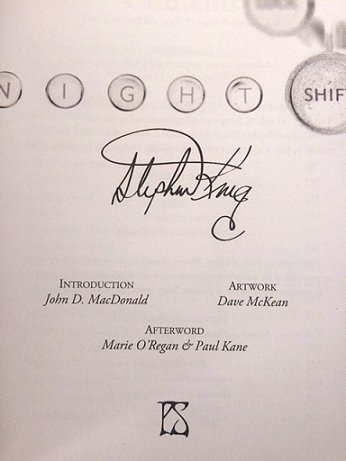 Stephen King signing sheet, Night Shift by Stephen King, PS Publising