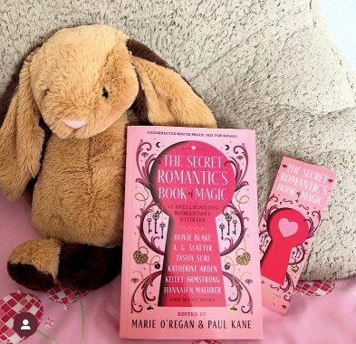 photograph of a copy of The Secret Romantic's Book of Magic, edited by Marie O'Regan and Paul Kane, lying on a fleece pillow and pink bedspread, alongside a bookmark showing the book's cover art and a brown toy rabbit