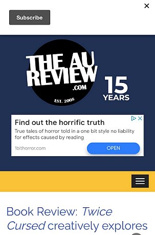 screenshot: Text reads The AU review.com. Book review Twice Cursed, edited by Marie O'Regan and Paul Kane
