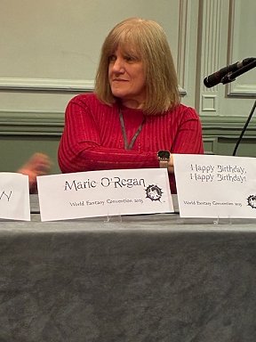 photograph of Marie O'Regan on the '50 Years of FantasyCon Happy Birthday panel'