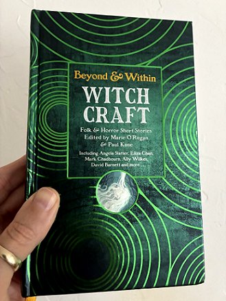 photograph showing a man's hand holding a copy of Beyond & Within: Witchcraft, edited by Marie O'Regan and Paul Kane, up against a white surface