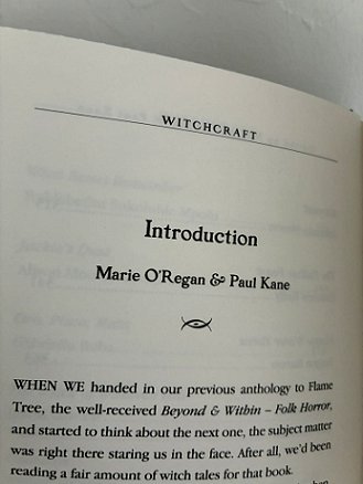 photograph showing the Introduction page to Beyond & Within: WItchcraft, edited by Marie O'Regan and Paul Kane