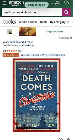 screenshot from @amazon.co.uk. Showing the cover of Death Comes at Christmas, edited by Marie O'Regan and Paul Kane, with a #1 Best Seller sticker above it - in crime, thriller and mystery anthologies