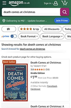 screenshot from amazon - Kindle edition of Death Comes at Christmas, edited by Marie O'Regan and Paul Kane. Showing a Best Seller sticker