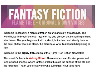 screenshot of Flame Tree's newsletter, heading Fantasy Fiction: Flame Tree. Original & Own Voices