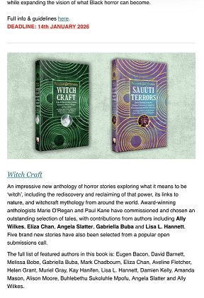 screenshot from Flame Tree Newsletter. Image features Beyond & Within: Witchcraft, edited by Marie O'Regan and Paul Kane. Text reads: Witch Craft: An impressive new anthology of horror stories exploring what it means to be 'witch', including the rediscovery and reclaiming of that power, its links to nature, and witchcraft mythology from around the world. Award-winnnig anthologists Marie O'Regan and Pual Kane have commissioned and chosen an outstanding selection of tales, with contributions from authors including Ally Wilkes, Eliza Chan, Angela Slatter, Gabriella Buba and Lisa L. Hannett. Five brand new stories have also been selected from a popular open submissions call. The full list of featured authors in this book is: Eugen Bacon, David Barnett, Melissa Bobe, Gabriella Buba, Mark Chadbourn, Eliza Chan, Aveline Fletcher, Helen Grant, Muriel Gray, Kay Hanifen, Lisa L. Hannett, Damien Kelly, Amanda Mason, Alison Moore, Buhlebethu Sukoluhle Mpofu, Angela Slatter and Ally Wilkes.